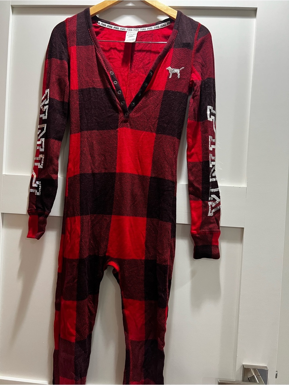 Victoria’s Secret Pink Red & Black Buffalo Plaid Henley Onesie